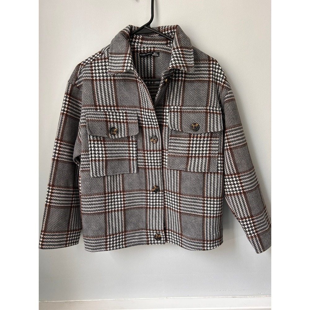 Black Tape Grey Brown Plaid Button Front Shacket Shirt Jacket Small 2029509